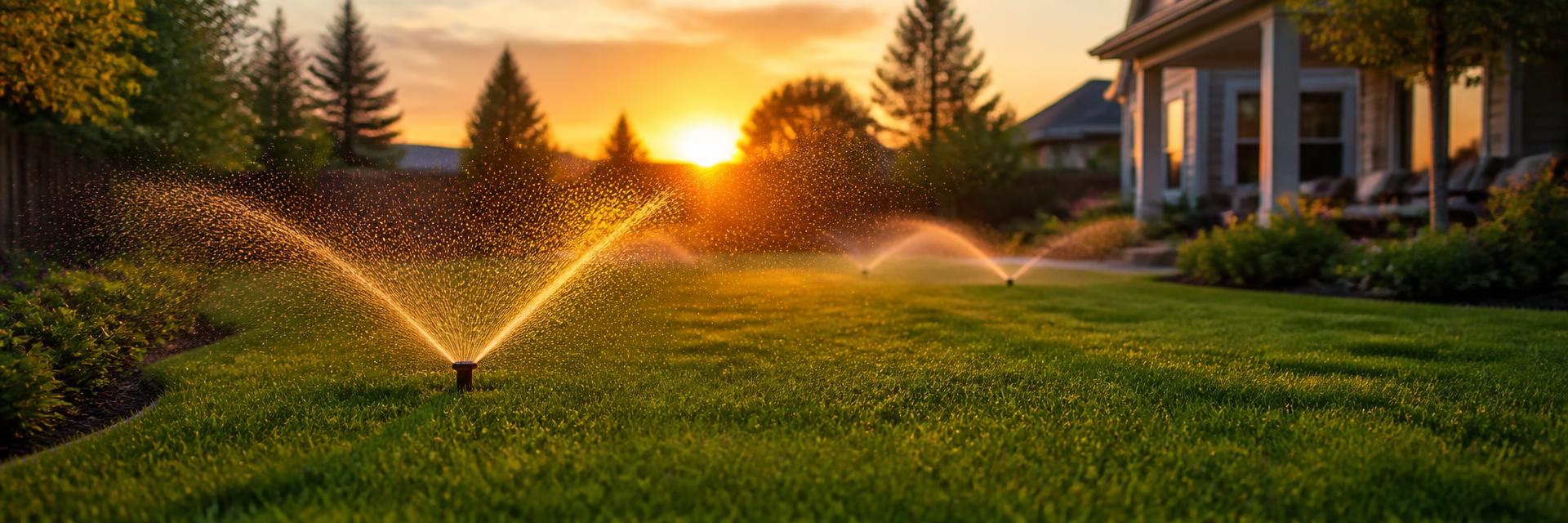 Green lawn with sprinklers watering at sunset