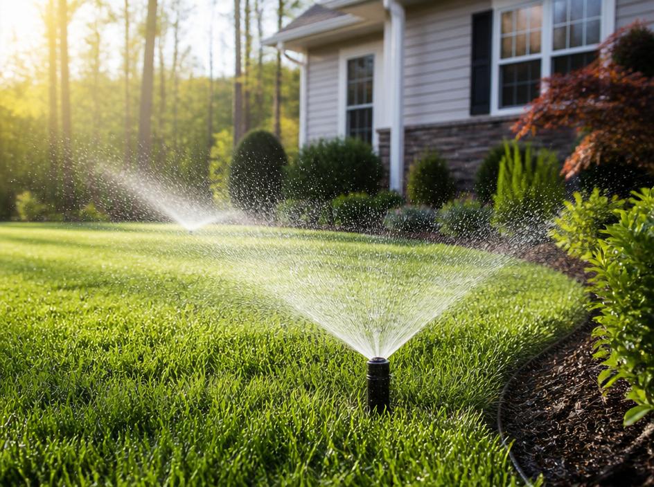 Green lawn being watered evenly by a sprinkler system