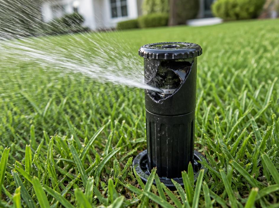 Broken sprinkler head leaking water in a lawn